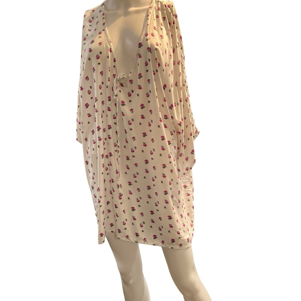 LPA Tunic Dress White Pink Floral Rose S Tie V Neck Lightweight Preppy Summer